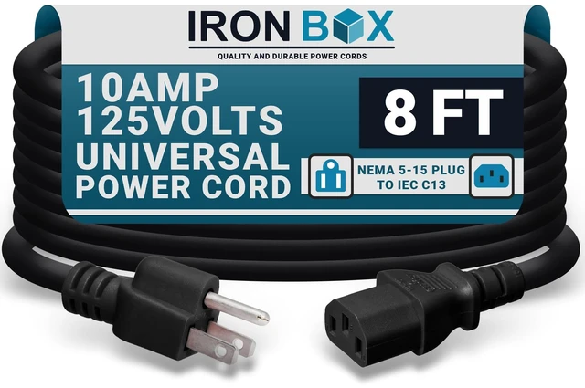 Main image of IronBox Electric NEMA 5-15 Plug to IEC C13 Connector Power Cords - 10A,125V, 18/3 SJT - UL Listed Universal Power Supply Cable - Jumper Cord for Computer, Monitor, Desktop, Speaker & More (8ft, Black)