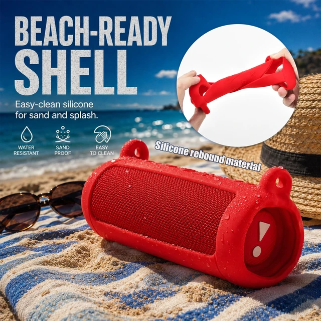 Alt view image 2 of 7 - Silicone Case for JBL Flip 7 with Shoulder Strap&Carabiner-Red Flexible Silicone, Precise Cutouts for Buttons and USB-C Port, Lightweight Protection, for Travel, Camping, Beach, and Hiking