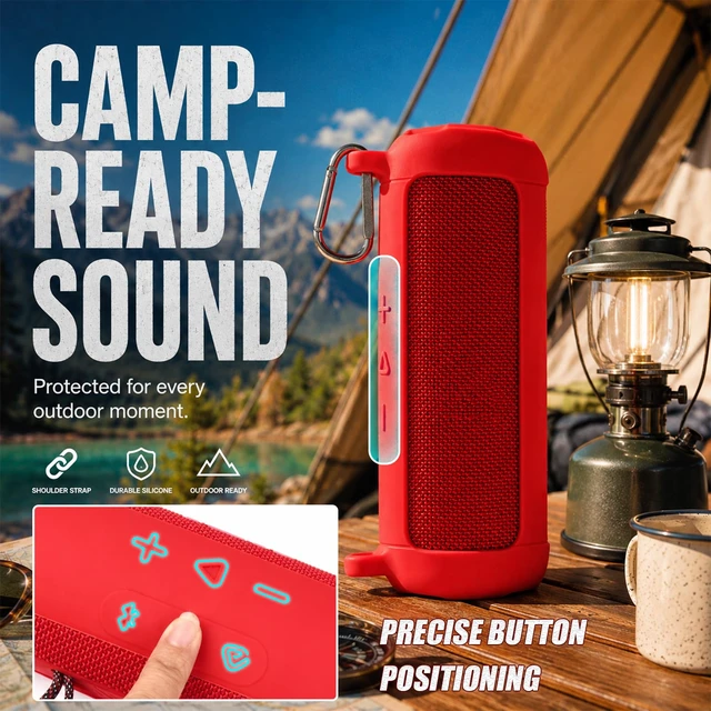 Alt view image 3 of 7 - Silicone Case for JBL Flip 7 with Shoulder Strap&Carabiner-Red Flexible Silicone, Precise Cutouts for Buttons and USB-C Port, Lightweight Protection, for Travel, Camping, Beach, and Hiking