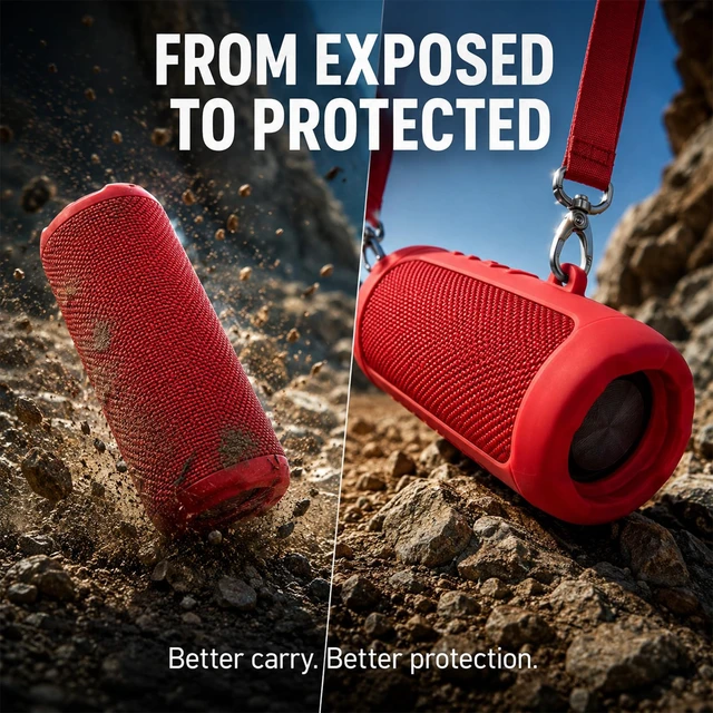 Alt view image 5 of 7 - Silicone Case for JBL Flip 7 with Shoulder Strap&Carabiner-Red Flexible Silicone, Precise Cutouts for Buttons and USB-C Port, Lightweight Protection, for Travel, Camping, Beach, and Hiking