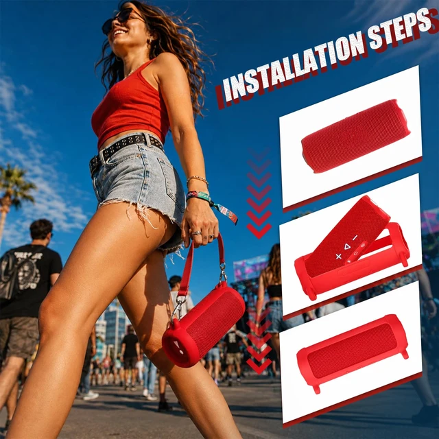 Alt view image 4 of 7 - Silicone Case for JBL Flip 7 with Shoulder Strap&Carabiner-Red Flexible Silicone, Precise Cutouts for Buttons and USB-C Port, Lightweight Protection, for Travel, Camping, Beach, and Hiking