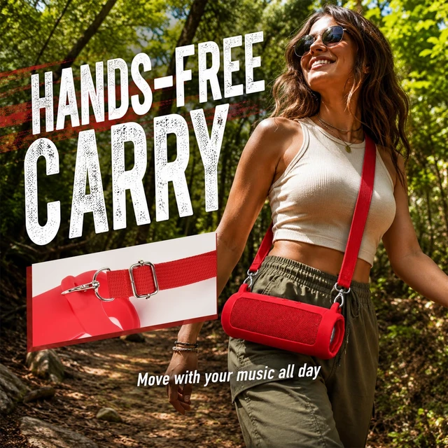 Alt view image 6 of 7 - Silicone Case for JBL Flip 7 with Shoulder Strap&Carabiner-Red Flexible Silicone, Precise Cutouts for Buttons and USB-C Port, Lightweight Protection, for Travel, Camping, Beach, and Hiking