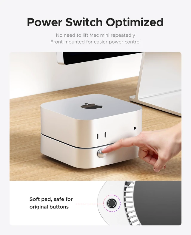 Alt view image 2 of 7 - Mac mini Expansion Stand with Ports - 1 Type-C (5V3A) + 2 USB 2.0 + 3.5mm Audio Jack, Built-in Power Switch & 360° Cooling, Silver ABS Stand for M4 or M4 Pro Mac mini-STH03