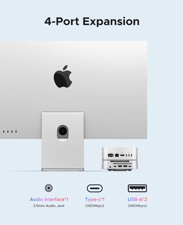 Alt view image 3 of 7 - Mac mini Expansion Stand with Ports - 1 Type-C (5V3A) + 2 USB 2.0 + 3.5mm Audio Jack, Built-in Power Switch & 360° Cooling, Silver ABS Stand for M4 or M4 Pro Mac mini-STH03