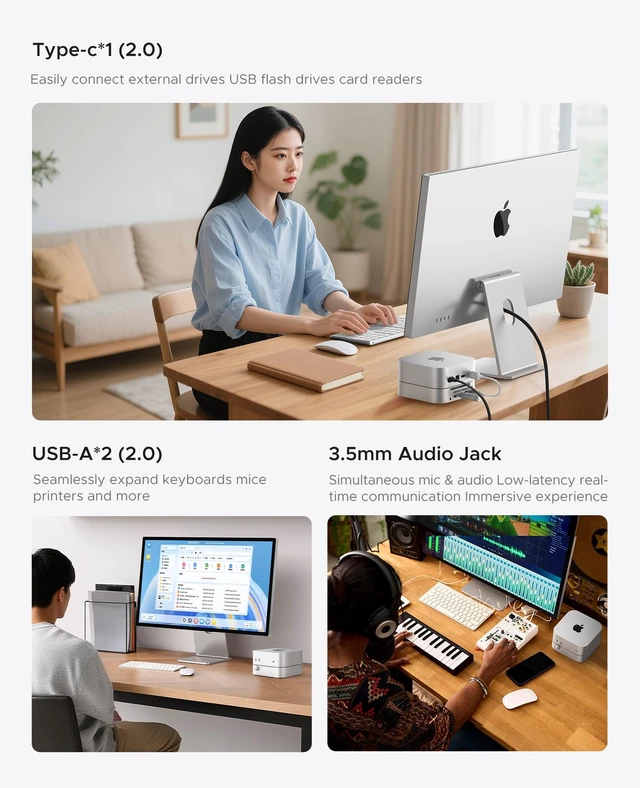 Alt view image 4 of 7 - Mac mini Expansion Stand with Ports - 1 Type-C (5V3A) + 2 USB 2.0 + 3.5mm Audio Jack, Built-in Power Switch & 360° Cooling, Silver ABS Stand for M4 or M4 Pro Mac mini-STH03