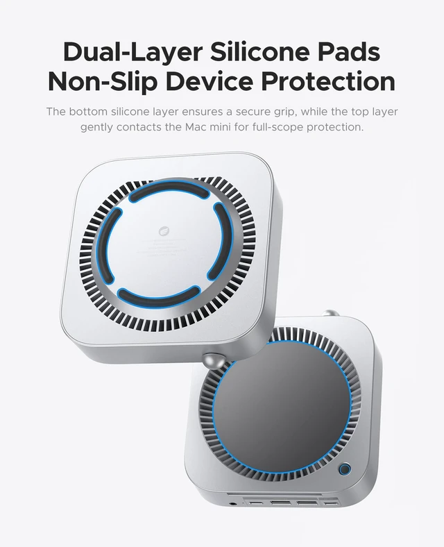 Alt view image 5 of 7 - Mac mini Expansion Stand with Ports - 1 Type-C (5V3A) + 2 USB 2.0 + 3.5mm Audio Jack, Built-in Power Switch & 360° Cooling, Silver ABS Stand for M4 or M4 Pro Mac mini-STH03
