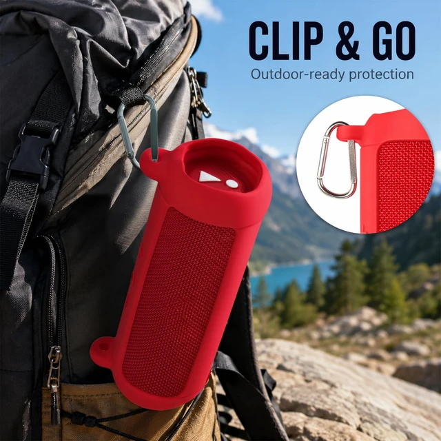 Alt view image 7 of 7 - Silicone Case for JBL Flip 7 with Shoulder Strap&Carabiner-Red Flexible Silicone, Precise Cutouts for Buttons and USB-C Port, Lightweight Protection, for Travel, Camping, Beach, and Hiking