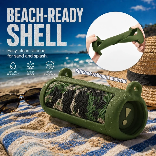 Alt view image 2 of 7 - Silicone Case for JBL Flip 7 with Shoulder Strap&Carabiner- Green Flexible Silicone, Precise Cutouts for Buttons and USB-C Port, Lightweight Protection, for Travel, Camping, Beach, and Hiking