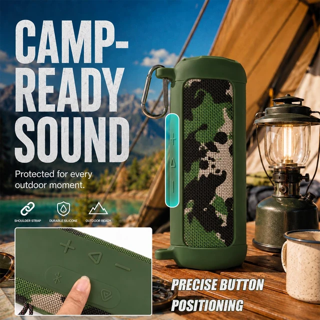 Alt view image 3 of 7 - Silicone Case for JBL Flip 7 with Shoulder Strap&Carabiner- Green Flexible Silicone, Precise Cutouts for Buttons and USB-C Port, Lightweight Protection, for Travel, Camping, Beach, and Hiking
