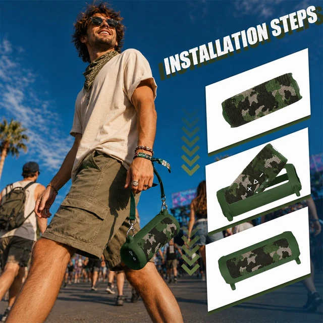 Alt view image 4 of 7 - Silicone Case for JBL Flip 7 with Shoulder Strap&Carabiner- Green Flexible Silicone, Precise Cutouts for Buttons and USB-C Port, Lightweight Protection, for Travel, Camping, Beach, and Hiking