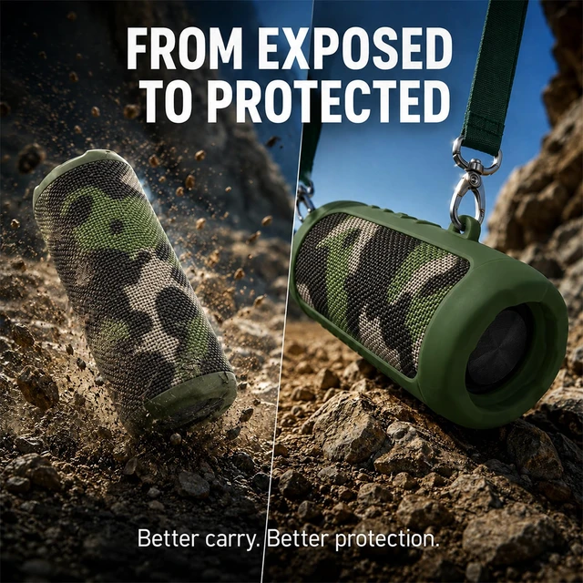 Alt view image 5 of 7 - Silicone Case for JBL Flip 7 with Shoulder Strap&Carabiner- Green Flexible Silicone, Precise Cutouts for Buttons and USB-C Port, Lightweight Protection, for Travel, Camping, Beach, and Hiking