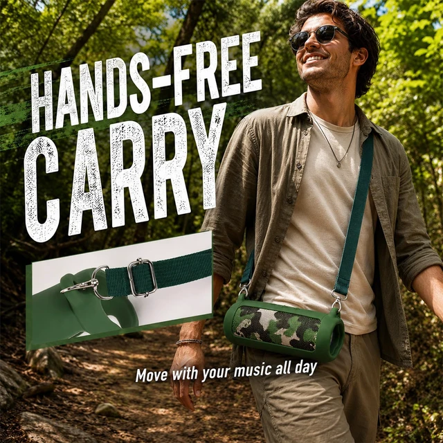 Alt view image 6 of 7 - Silicone Case for JBL Flip 7 with Shoulder Strap&Carabiner- Green Flexible Silicone, Precise Cutouts for Buttons and USB-C Port, Lightweight Protection, for Travel, Camping, Beach, and Hiking