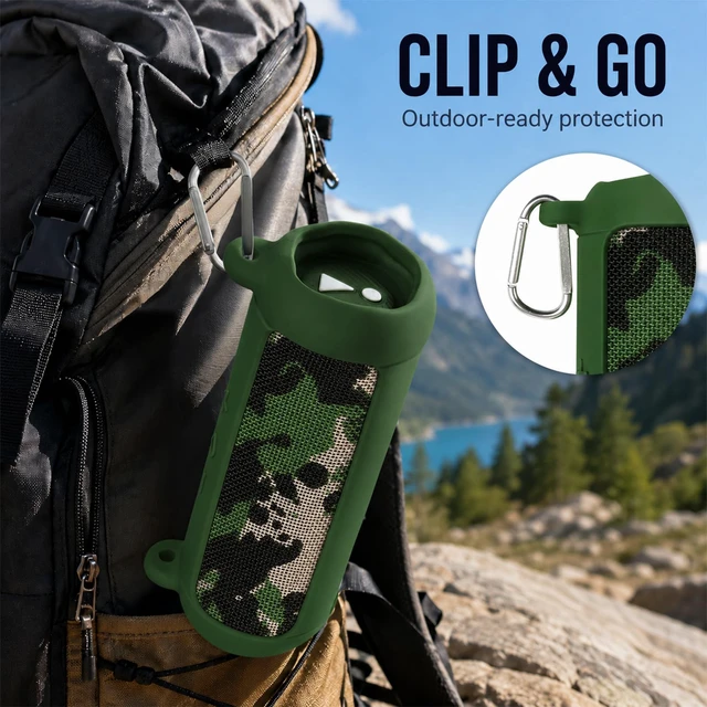 Alt view image 7 of 7 - Silicone Case for JBL Flip 7 with Shoulder Strap&Carabiner- Green Flexible Silicone, Precise Cutouts for Buttons and USB-C Port, Lightweight Protection, for Travel, Camping, Beach, and Hiking