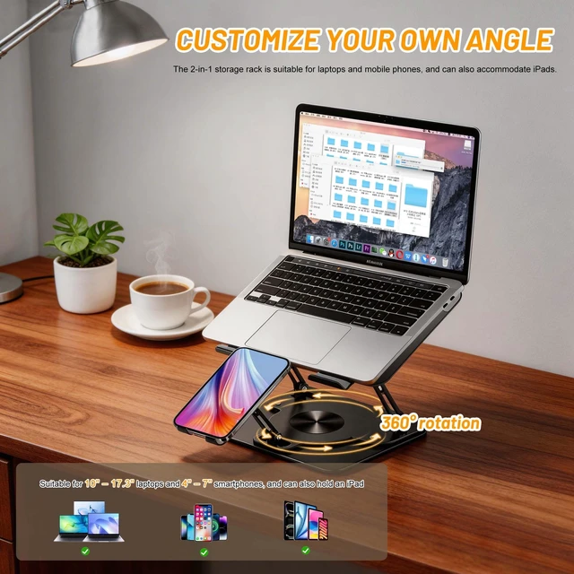 Alt view image 7 of 7 - Laptop Stand with 360 Rotating Base,2-in-1 Computer Stand with Phone Holder Ergonomic Adjustable Laptop Riser for Desk with All Laptops and Phones, Foldable Laptop Holder for Office, Home, School