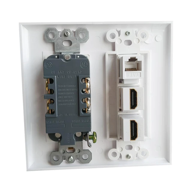 Alt view image 2 of 6 - Double Gang Power Outlet with 2 Port HDMI 1 CAT6 Ethernet Wall Plate, 2 Gang Receptacle Outlet with 2 4k/8K HDMI Jack + 1 CAT 6 Keystone Jack Cover Plate - White