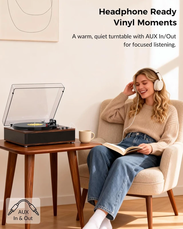 Alt view image 6 of 7 - Vinyl Record Player with Bluetooth Input Output, Built-in Stereo Speakers, 3-Speed Turntable LP Player, Full-Size Vintage Vinyl Player, Counterweight, AUX/RCA/Headphone Jack, Walnut