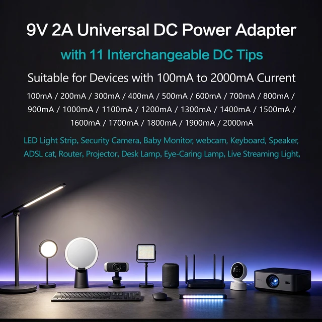 Alt view image 3 of 7 - DC 9V Power Cord AC Adapter 2A Power Supply Charger with 11 Tips UL Listed Center Positive Universal 9 Volt for 200mA 300mA 400mA 500mA 650mA 700mA 800mA 900mA 1000mA 1200mA 1500mA 2000mA Transformer