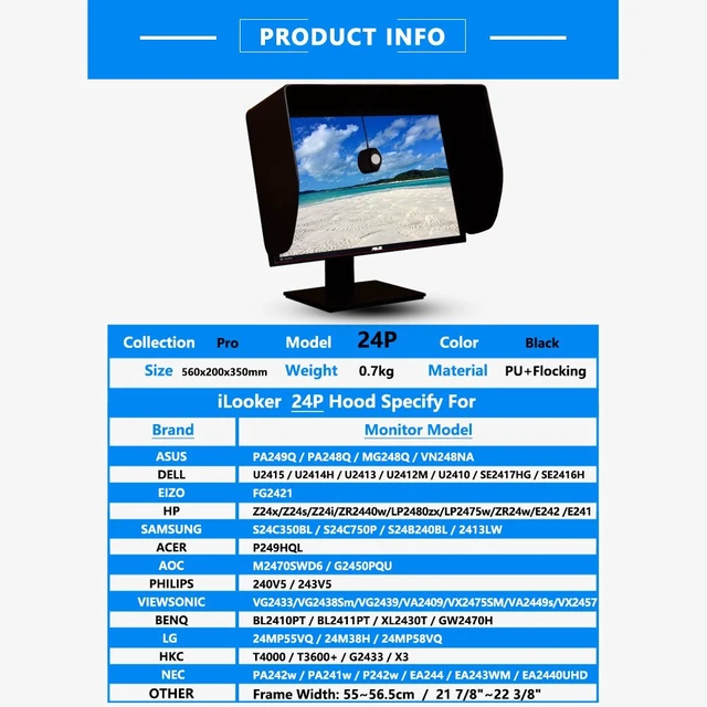 Alt view image 2 of 7 - 24P 24 inch Pro Edition LCD LED Video Monitor Hood Sunshade Sunhood for Dell HP Viewsonic Philips Samsung LG EIZO NEC ASUS ACER BENQ AOC Lenovo, Fits Monitor Frame Width 550-565mm