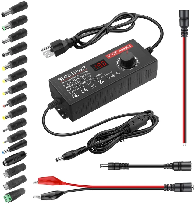 Main image of 120W Adjustable Power Supply Variable DC4V-24V 5A Universal AC/DC Adapter 100-240V AC to DC Converter with LED Display,16 Tips,Alligator Clips,DC Pigtail Leads, for LED Strip,Camera,CCTV