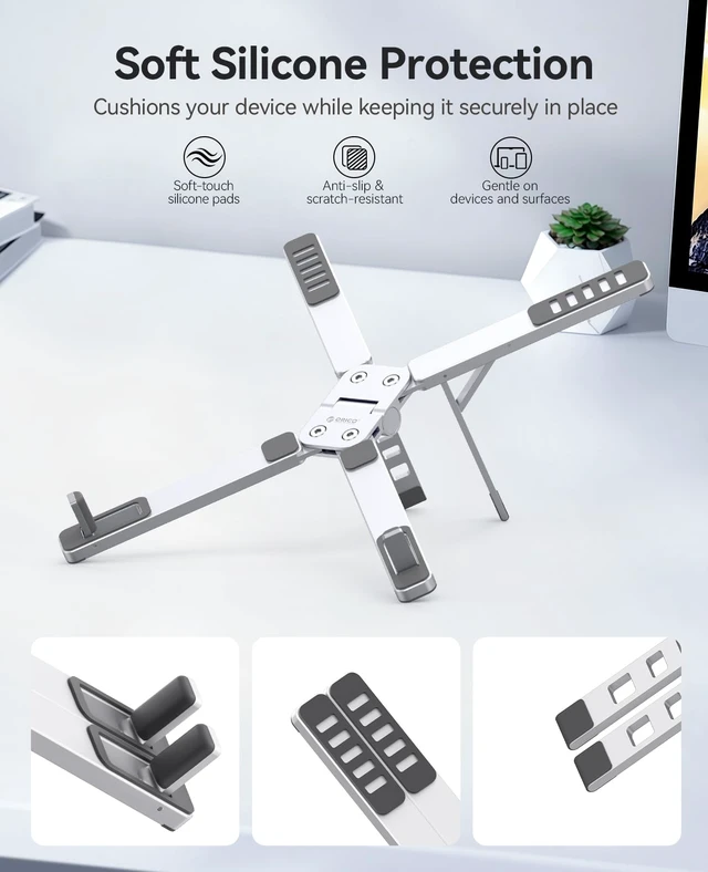 Alt view image 7 of 7 - Portable Laptop Stand for Travel & Desk, Foldable 3-in-1 PN1, Silver Aluminum Alloy, 5 Adjustable Heights, Up to 17" Laptops, Tablets & Phones, 5kg Capacity, Silicone Pads, Storage Pouch