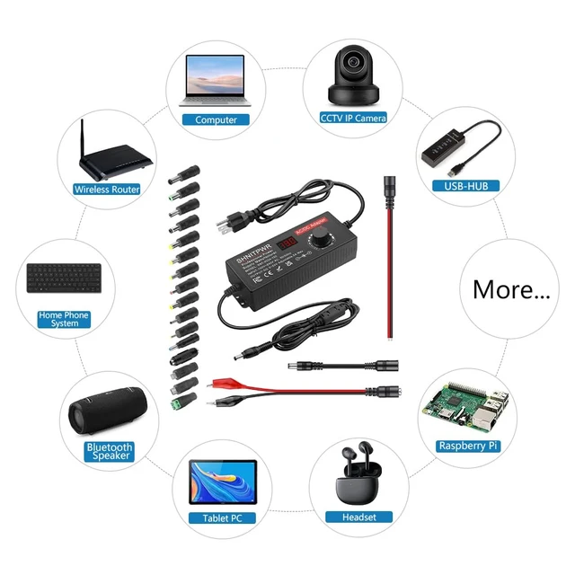 Alt view image 7 of 7 - 120W Adjustable Power Supply Variable DC4V-24V 5A Universal AC/DC Adapter 100-240V AC to DC Converter with LED Display,16 Tips,Alligator Clips,DC Pigtail Leads, for LED Strip,Camera,CCTV