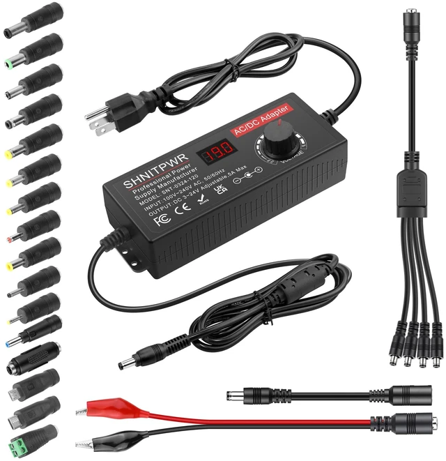 Main image of DC 4V~24V Adjustable Universal Power Supply 120W 5A Max AC Adapter 100-240V AC to DC Converter Variable DC 12V with 16 Tips,4-Way Splitter Power Cable,Polarity Converter,Alligator Clip
