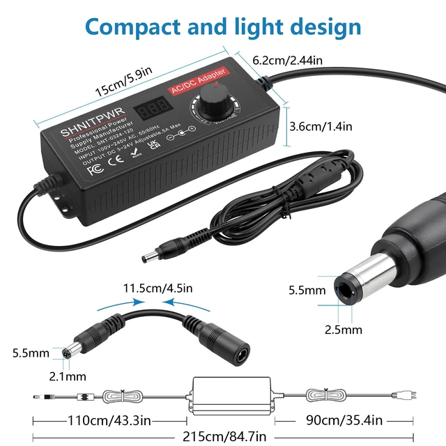 Alt view image 4 of 7 - DC 4V~24V Adjustable Universal Power Supply 120W 5A Max AC Adapter 100-240V AC to DC Converter Variable DC 12V with 16 Tips,4-Way Splitter Power Cable,Polarity Converter,Alligator Clip