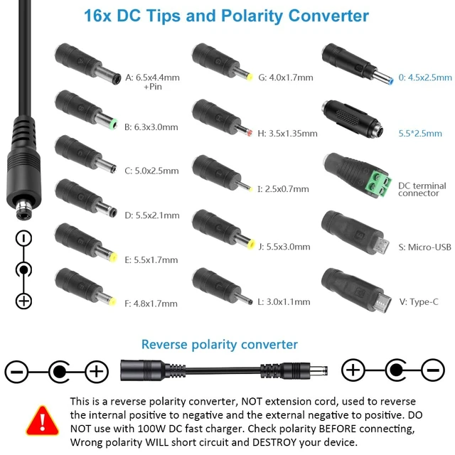 Alt view image 6 of 7 - DC 4V~24V Adjustable Universal Power Supply 120W 5A Max AC Adapter 100-240V AC to DC Converter Variable DC 12V with 16 Tips,4-Way Splitter Power Cable,Polarity Converter,Alligator Clip