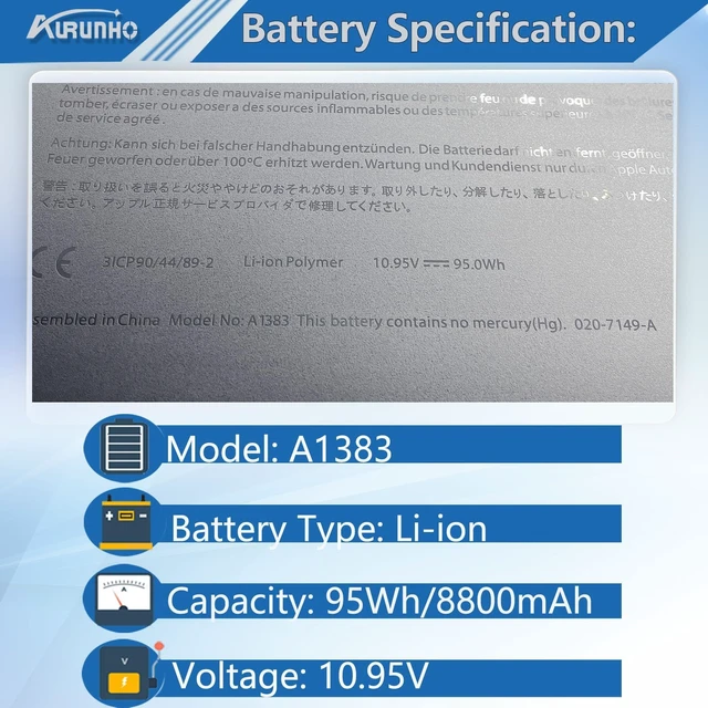 Alt view image 2 of 6 - A1383 Laptop Battery for MacBook Pro 17 inch A1297(Early 2011-Late 2011) Series EMC 2352-1 EMC 2564 MD311*/A MD311LL/A MC725*/A MC725LL/A 020-7149-A 020-7149-A10