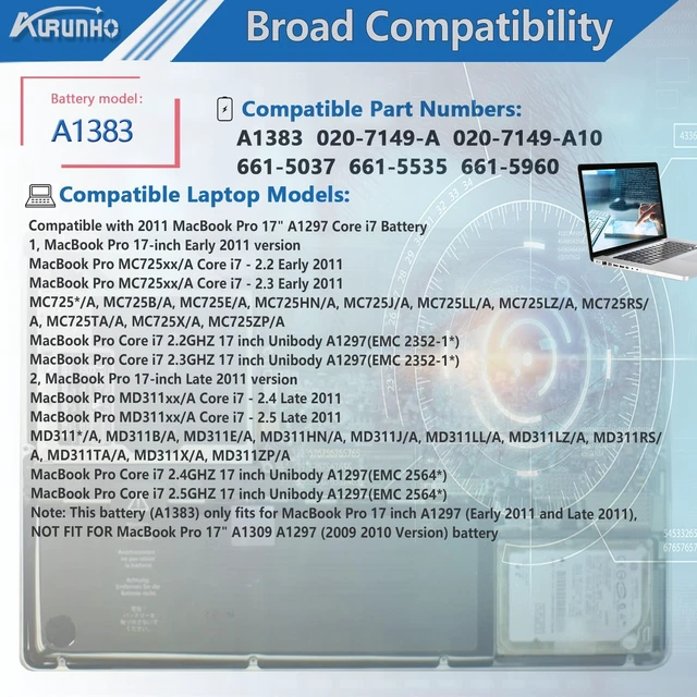 Alt view image 4 of 6 - A1383 Laptop Battery for MacBook Pro 17 inch A1297(Early 2011-Late 2011) Series EMC 2352-1 EMC 2564 MD311*/A MD311LL/A MC725*/A MC725LL/A 020-7149-A 020-7149-A10