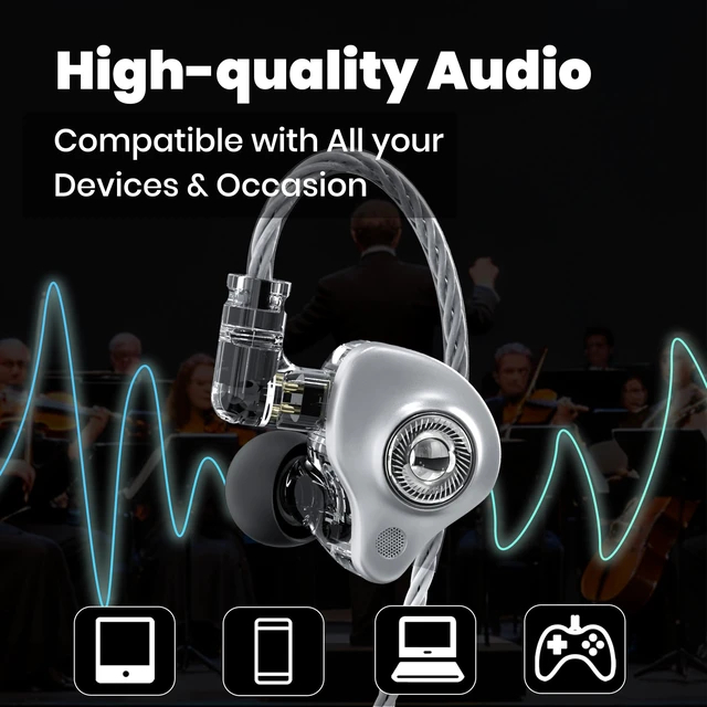 Alt view image 4 of 7 - in Ear Monitor Headphones with Mic,USB C,Silver,10mm Driver 10mm Dynamic Driver,Detachable 4N OFC Cable,HiFi IEM Earphones for Gaming and Gift Giving