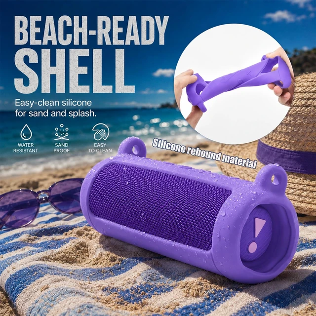 Alt view image 2 of 7 - Silicone Case for JBL Flip 7 with Shoulder Strap&Carabiner- Purple Flexible Silicone, Precise Cutouts for Buttons and USB-C Port, Lightweight Protection, for Travel, Camping, Beach, and Hiking
