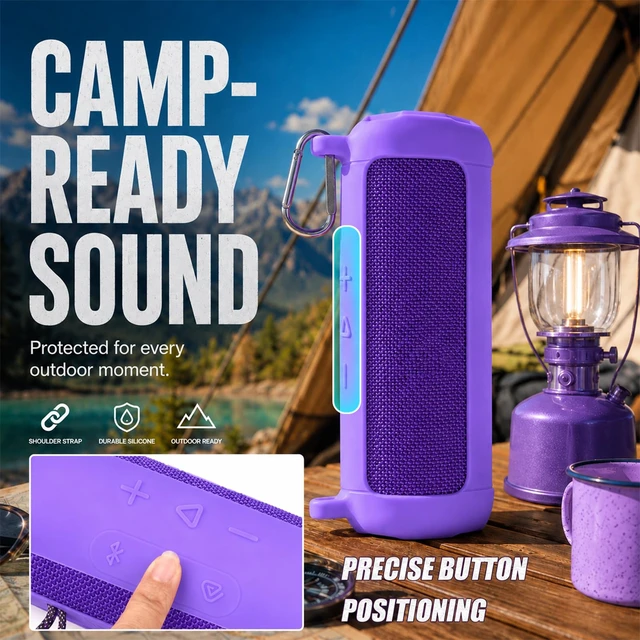 Alt view image 3 of 7 - Silicone Case for JBL Flip 7 with Shoulder Strap&Carabiner- Purple Flexible Silicone, Precise Cutouts for Buttons and USB-C Port, Lightweight Protection, for Travel, Camping, Beach, and Hiking