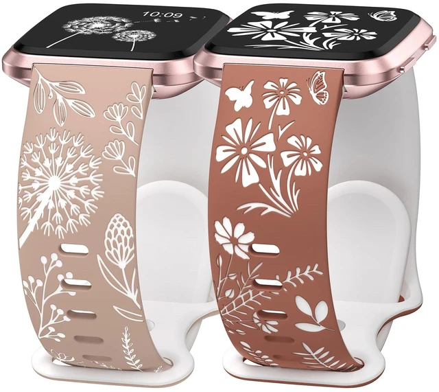 Main image of 2 Packs Floral Engraved Band Compatible with Fitbit Versa 2 Bands Women Two-Tone Flower Soft Silicone Cute Sport Strap for Versa/Versa 2/Versa Lite/Versa SE Smart Watch