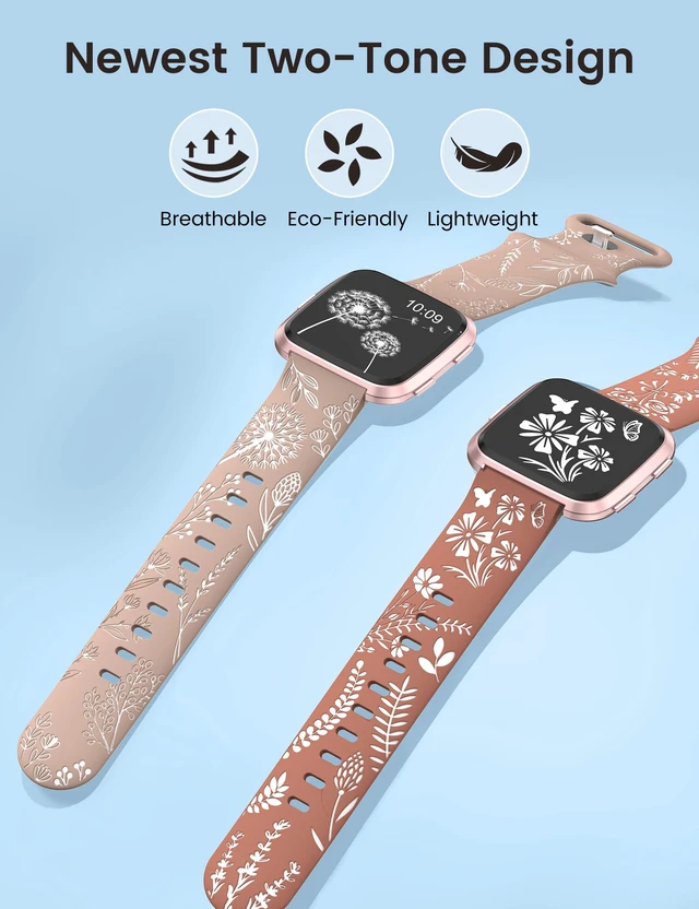 Alt view image 2 of 6 - 2 Packs Floral Engraved Band Compatible with Fitbit Versa 2 Bands Women Two-Tone Flower Soft Silicone Cute Sport Strap for Versa/Versa 2/Versa Lite/Versa SE Smart Watch