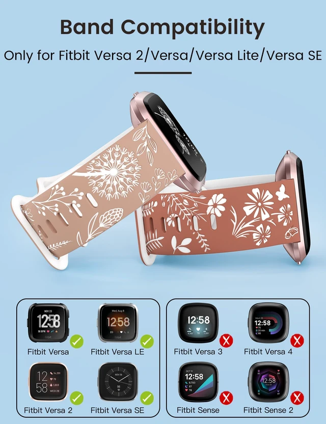 Alt view image 3 of 6 - 2 Packs Floral Engraved Band Compatible with Fitbit Versa 2 Bands Women Two-Tone Flower Soft Silicone Cute Sport Strap for Versa/Versa 2/Versa Lite/Versa SE Smart Watch