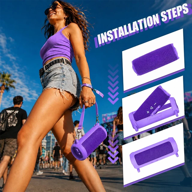 Alt view image 4 of 7 - Silicone Case for JBL Flip 7 with Shoulder Strap&Carabiner- Purple Flexible Silicone, Precise Cutouts for Buttons and USB-C Port, Lightweight Protection, for Travel, Camping, Beach, and Hiking