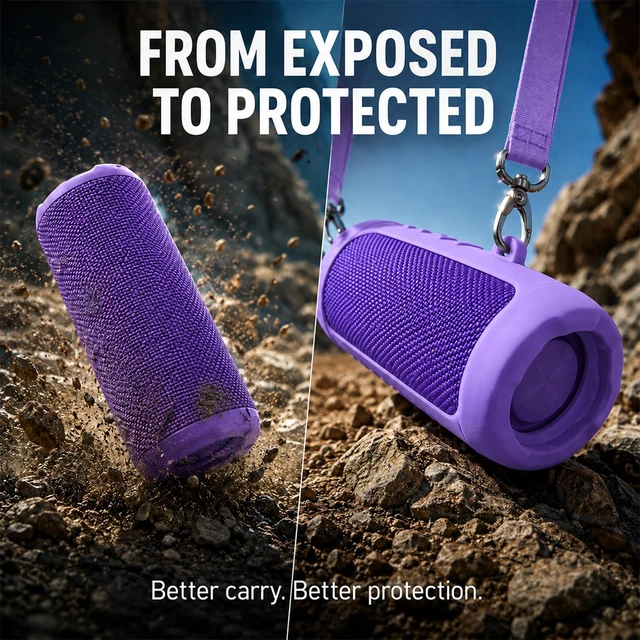 Alt view image 5 of 7 - Silicone Case for JBL Flip 7 with Shoulder Strap&Carabiner- Purple Flexible Silicone, Precise Cutouts for Buttons and USB-C Port, Lightweight Protection, for Travel, Camping, Beach, and Hiking