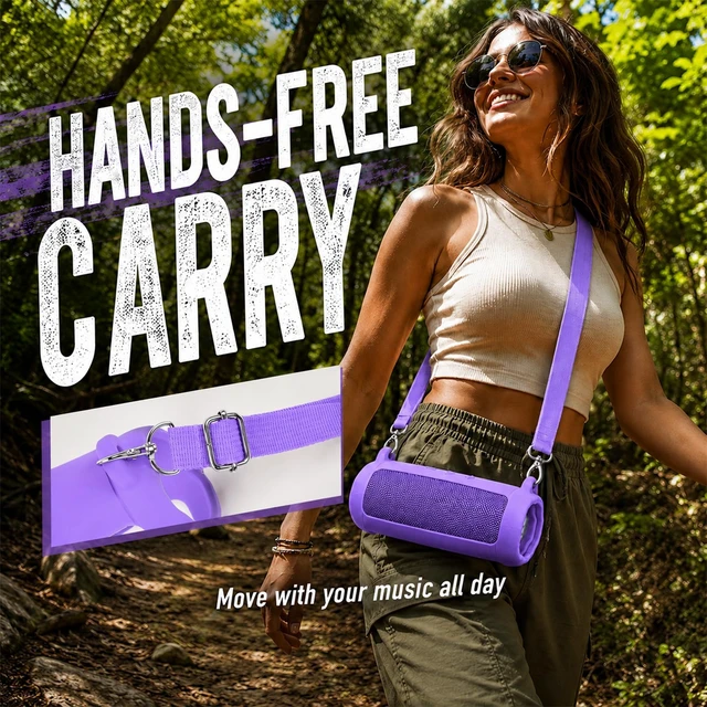 Alt view image 6 of 7 - Silicone Case for JBL Flip 7 with Shoulder Strap&Carabiner- Purple Flexible Silicone, Precise Cutouts for Buttons and USB-C Port, Lightweight Protection, for Travel, Camping, Beach, and Hiking