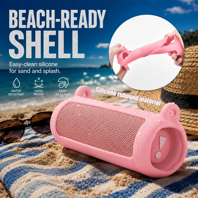 Alt view image 2 of 7 - Silicone Case for JBL Flip 7 with Shoulder Strap&Carabiner- Pink Flexible Silicone, Precise Cutouts for Buttons and USB-C Port, Lightweight Protection, for Travel, Camping, Beach, and Hiking