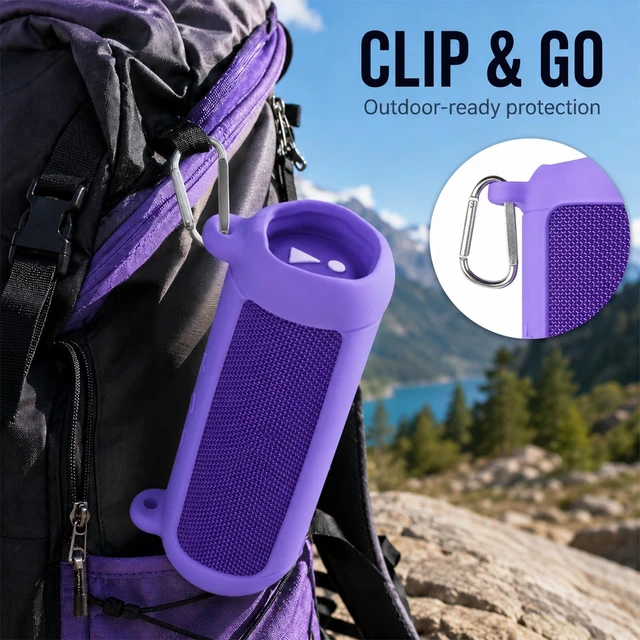 Alt view image 7 of 7 - Silicone Case for JBL Flip 7 with Shoulder Strap&Carabiner- Purple Flexible Silicone, Precise Cutouts for Buttons and USB-C Port, Lightweight Protection, for Travel, Camping, Beach, and Hiking