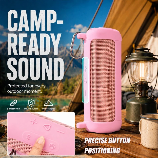 Alt view image 3 of 7 - Silicone Case for JBL Flip 7 with Shoulder Strap&Carabiner- Pink Flexible Silicone, Precise Cutouts for Buttons and USB-C Port, Lightweight Protection, for Travel, Camping, Beach, and Hiking