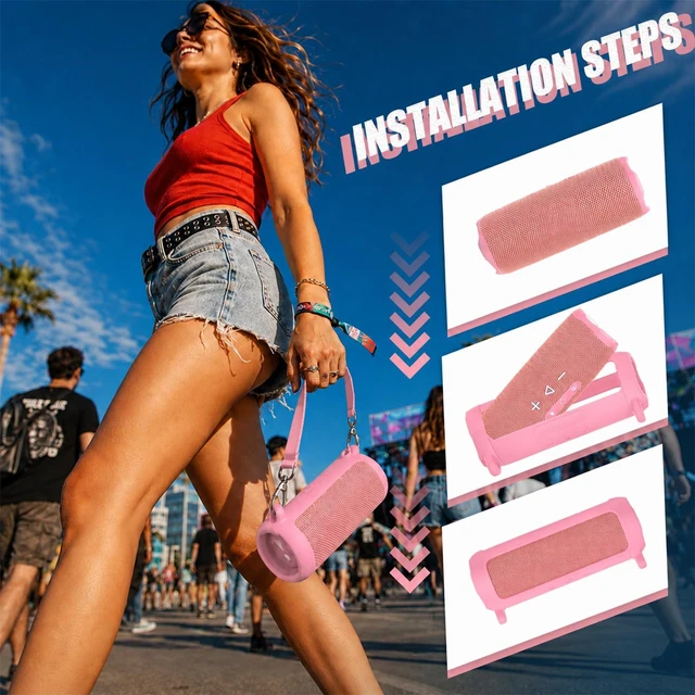 Alt view image 4 of 7 - Silicone Case for JBL Flip 7 with Shoulder Strap&Carabiner- Pink Flexible Silicone, Precise Cutouts for Buttons and USB-C Port, Lightweight Protection, for Travel, Camping, Beach, and Hiking
