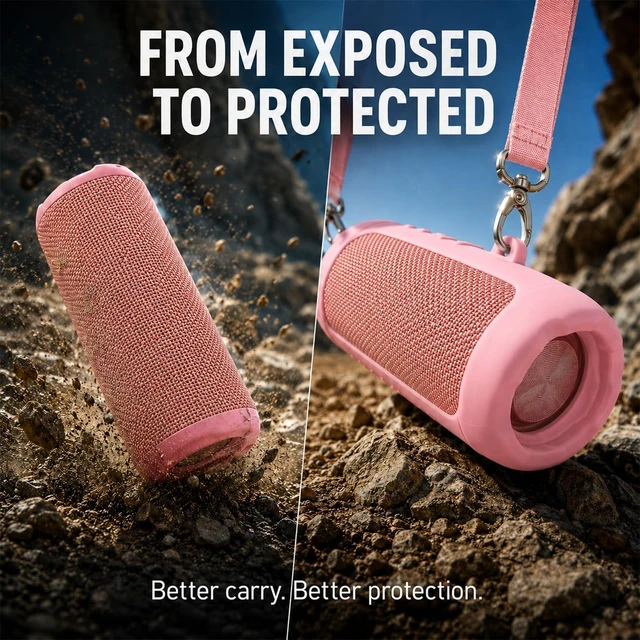 Alt view image 6 of 7 - Silicone Case for JBL Flip 7 with Shoulder Strap&Carabiner- Pink Flexible Silicone, Precise Cutouts for Buttons and USB-C Port, Lightweight Protection, for Travel, Camping, Beach, and Hiking
