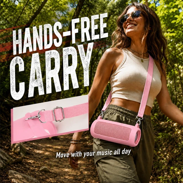 Alt view image 5 of 7 - Silicone Case for JBL Flip 7 with Shoulder Strap&Carabiner- Pink Flexible Silicone, Precise Cutouts for Buttons and USB-C Port, Lightweight Protection, for Travel, Camping, Beach, and Hiking