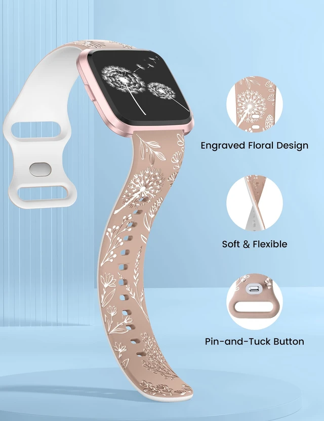 Alt view image 4 of 6 - 2 Packs Floral Engraved Band Compatible with Fitbit Versa 2 Bands Women Two-Tone Flower Soft Silicone Cute Sport Strap for Versa/Versa 2/Versa Lite/Versa SE Smart Watch