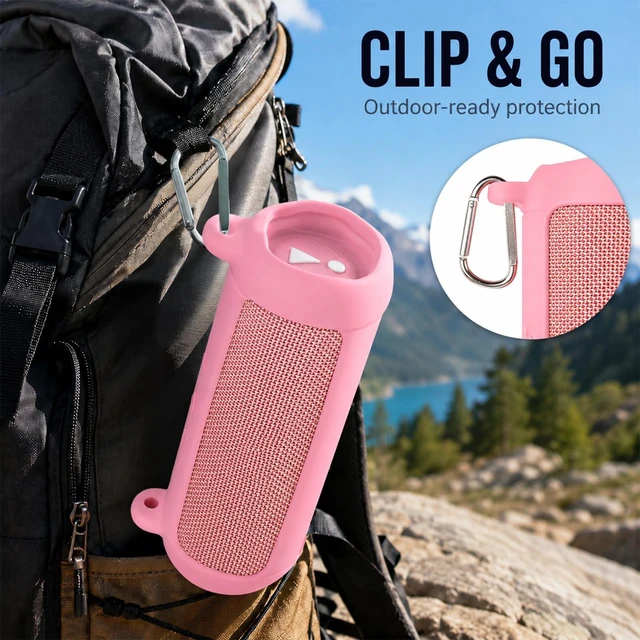 Alt view image 7 of 7 - Silicone Case for JBL Flip 7 with Shoulder Strap&Carabiner- Pink Flexible Silicone, Precise Cutouts for Buttons and USB-C Port, Lightweight Protection, for Travel, Camping, Beach, and Hiking