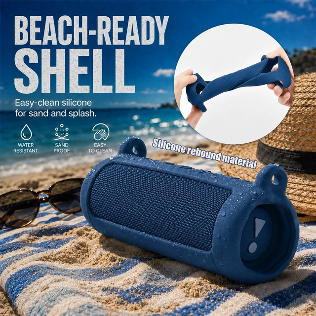 Alt view image 2 of 7 - Silicone Case for JBL Flip 7 with Shoulder Strap&Carabiner- Blue Flexible Silicone, Precise Cutouts for Buttons and USB-C Port, Lightweight Protection, for Travel, Camping, Beach, and Hiking