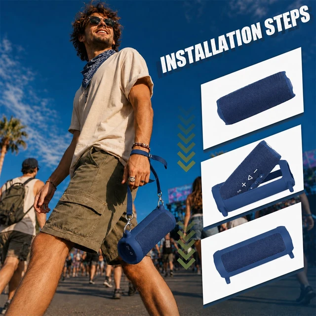 Alt view image 4 of 7 - Silicone Case for JBL Flip 7 with Shoulder Strap&Carabiner- Blue Flexible Silicone, Precise Cutouts for Buttons and USB-C Port, Lightweight Protection, for Travel, Camping, Beach, and Hiking