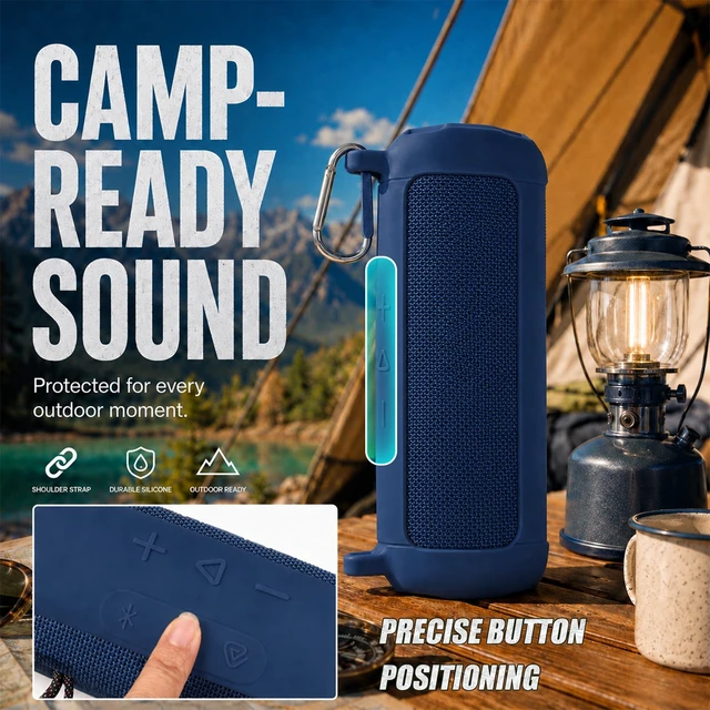 Alt view image 3 of 7 - Silicone Case for JBL Flip 7 with Shoulder Strap&Carabiner- Blue Flexible Silicone, Precise Cutouts for Buttons and USB-C Port, Lightweight Protection, for Travel, Camping, Beach, and Hiking
